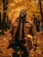 africano hombre en emocional dinámica actitud en otoño antecedentes ai generativo foto