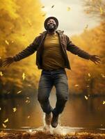 African man in emotional dynamic pose on autumn background AI Generative photo