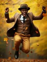 African man in emotional dynamic pose on autumn background AI Generative photo