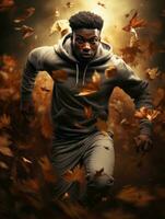 African man in emotional dynamic pose on autumn background AI Generative photo