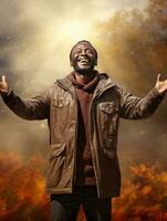 African man in emotional dynamic pose on autumn background AI Generative photo