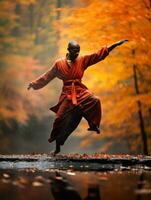 African man in emotional dynamic pose on autumn background AI Generative photo