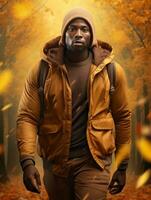 African man in emotional dynamic pose on autumn background AI Generative photo