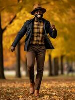 African man in emotional dynamic pose on autumn background AI Generative photo