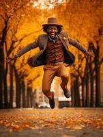 African man in emotional dynamic pose on autumn background AI Generative photo