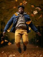 African man in emotional dynamic pose on autumn background AI Generative photo