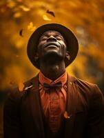 African man in emotional dynamic pose on autumn background AI Generative photo