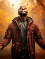 African man in emotional dynamic pose on autumn background AI Generative photo