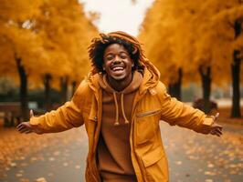 African man in emotional dynamic pose on autumn background AI Generative photo