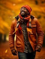 African man in emotional dynamic pose on autumn background AI Generative photo