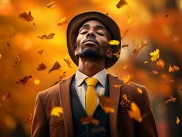 African man in emotional dynamic pose on autumn background AI Generative photo