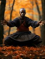 African man in emotional dynamic pose on autumn background AI Generative photo