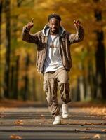 africano hombre en emocional dinámica actitud en otoño antecedentes ai generativo foto