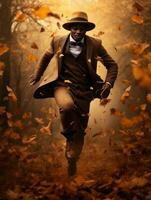 African man in emotional dynamic pose on autumn background AI Generative photo