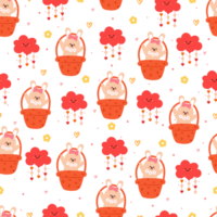 seamless pattern cartoon bunny inside a basket flying with cute pink clouds. cute wallpaper for gift wrap paper png