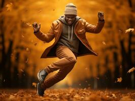 African man in emotional dynamic pose on autumn background AI Generative photo