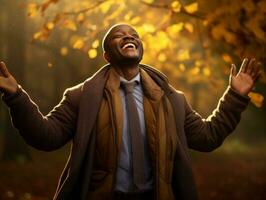 African man in emotional dynamic pose on autumn background AI Generative photo