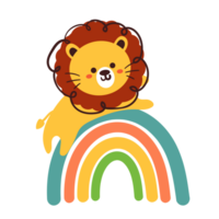 schattig tekenfilm leeuw met regenboog png