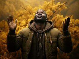 African man in emotional dynamic pose on autumn background AI Generative photo