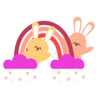 cute cartoon bunnies with rainbow and purple clouds png