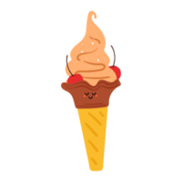 main dessin dessin animé la glace crème cône avec sourire affronter. mignonne dessert icône pour des gamins autocollant png