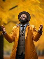 African man in emotional dynamic pose on autumn background AI Generative photo