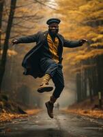 African man in emotional dynamic pose on autumn background AI Generative photo