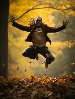 African man in emotional dynamic pose on autumn background AI Generative photo