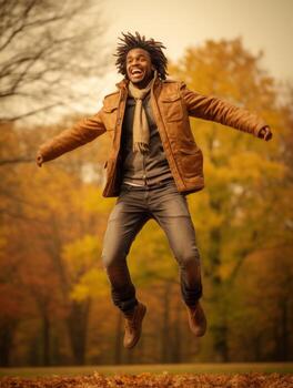 African man in emotional dynamic pose on autumn background AI Generative photo