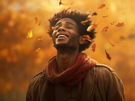 African man in emotional dynamic pose on autumn background AI Generative photo