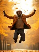 African man in emotional dynamic pose on autumn background AI Generative photo