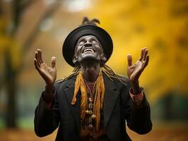 African man in emotional dynamic pose on autumn background AI Generative photo