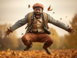 African man in emotional dynamic pose on autumn background AI Generative photo