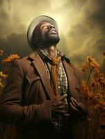 African man in emotional dynamic pose on autumn background AI Generative photo