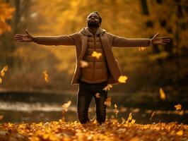 African man in emotional dynamic pose on autumn background AI Generative photo