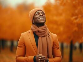 African man in emotional dynamic pose on autumn background AI Generative photo