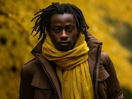 African man in emotional dynamic pose on autumn background AI Generative photo