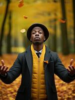 African man in emotional dynamic pose on autumn background AI Generative photo