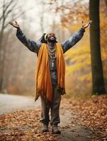 African man in emotional dynamic pose on autumn background AI Generative photo