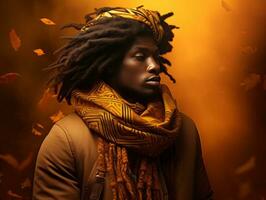 African man in emotional dynamic pose on autumn background AI Generative photo