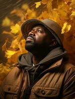 African man in emotional dynamic pose on autumn background AI Generative photo