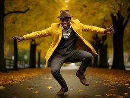 African man in emotional dynamic pose on autumn background AI Generative photo