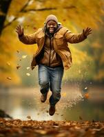 African man in emotional dynamic pose on autumn background AI Generative photo