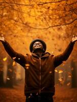 African man in emotional dynamic pose on autumn background AI Generative photo