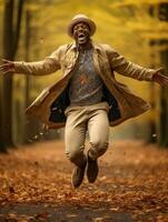 African man in emotional dynamic pose on autumn background AI Generative photo