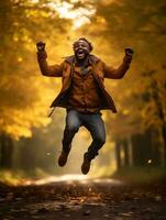 African man in emotional dynamic pose on autumn background AI Generative photo