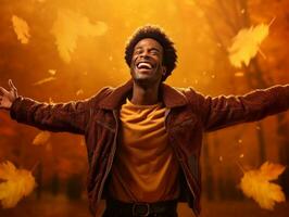 African man in emotional dynamic pose on autumn background AI Generative photo