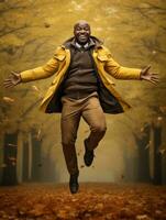 African man in emotional dynamic pose on autumn background AI Generative photo