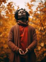 African man in emotional dynamic pose on autumn background AI Generative photo