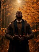 africano hombre en emocional dinámica actitud en otoño antecedentes ai generativo foto